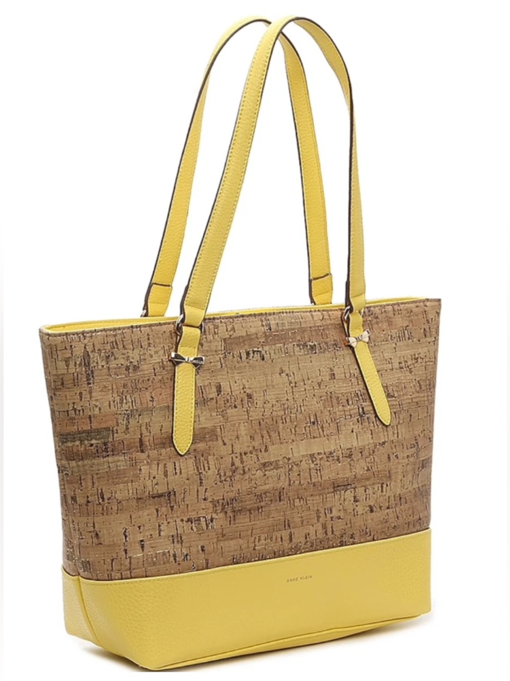 ANNE KLEIN TOTE CORK UPPER BRIGHT HAPPY YELLOW VEGAN STRAPS BASE GOLD TONE BOWS